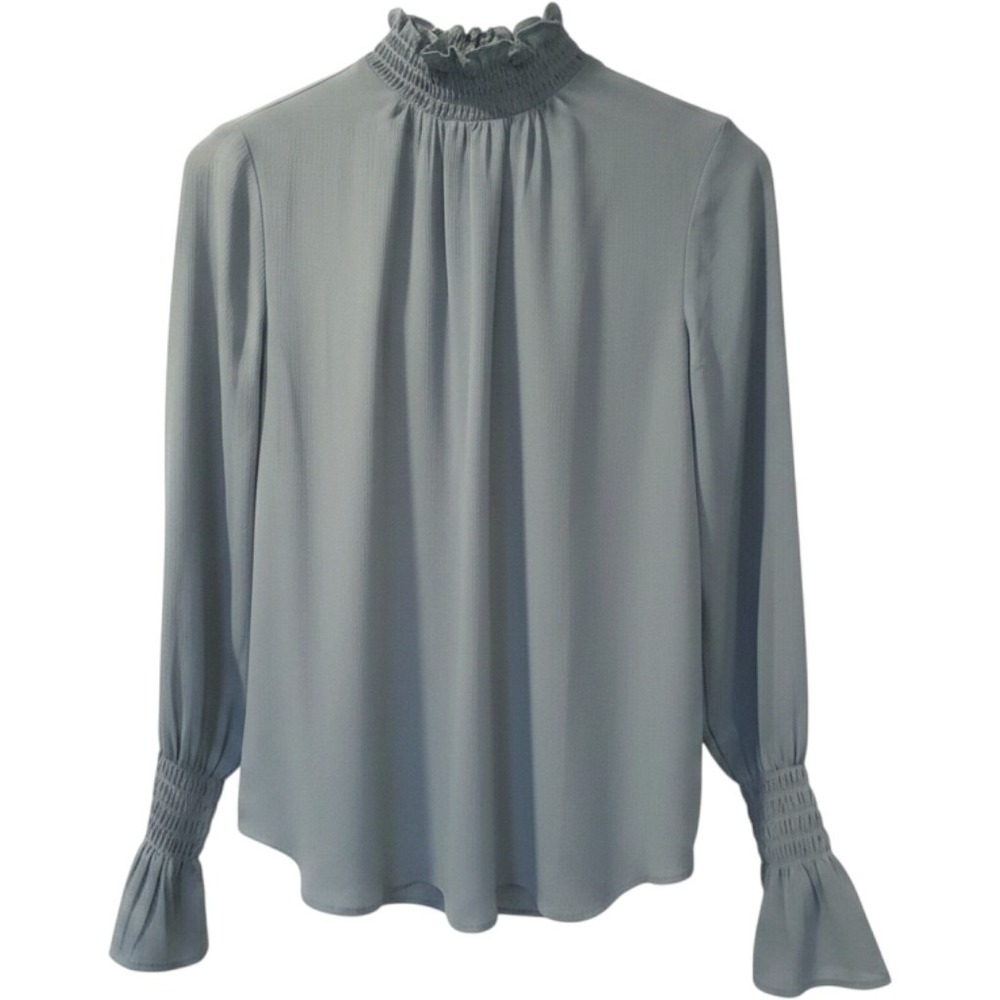 Ann Taylor Smocked Mock Neck Pleated Blouse Sage Green Flare Sleeve XS NWT